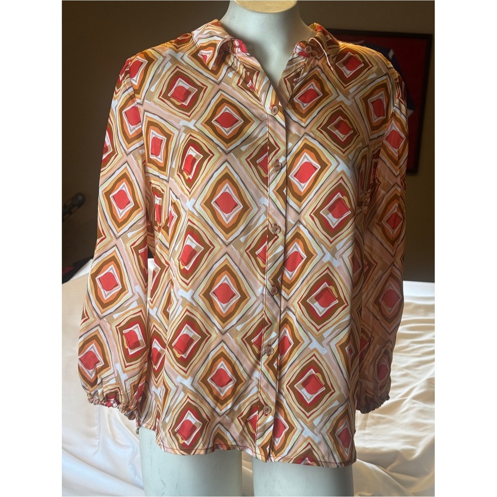 Ecru Retro Geometric Button Front Blouse Top Mod 70s Boho Disco M